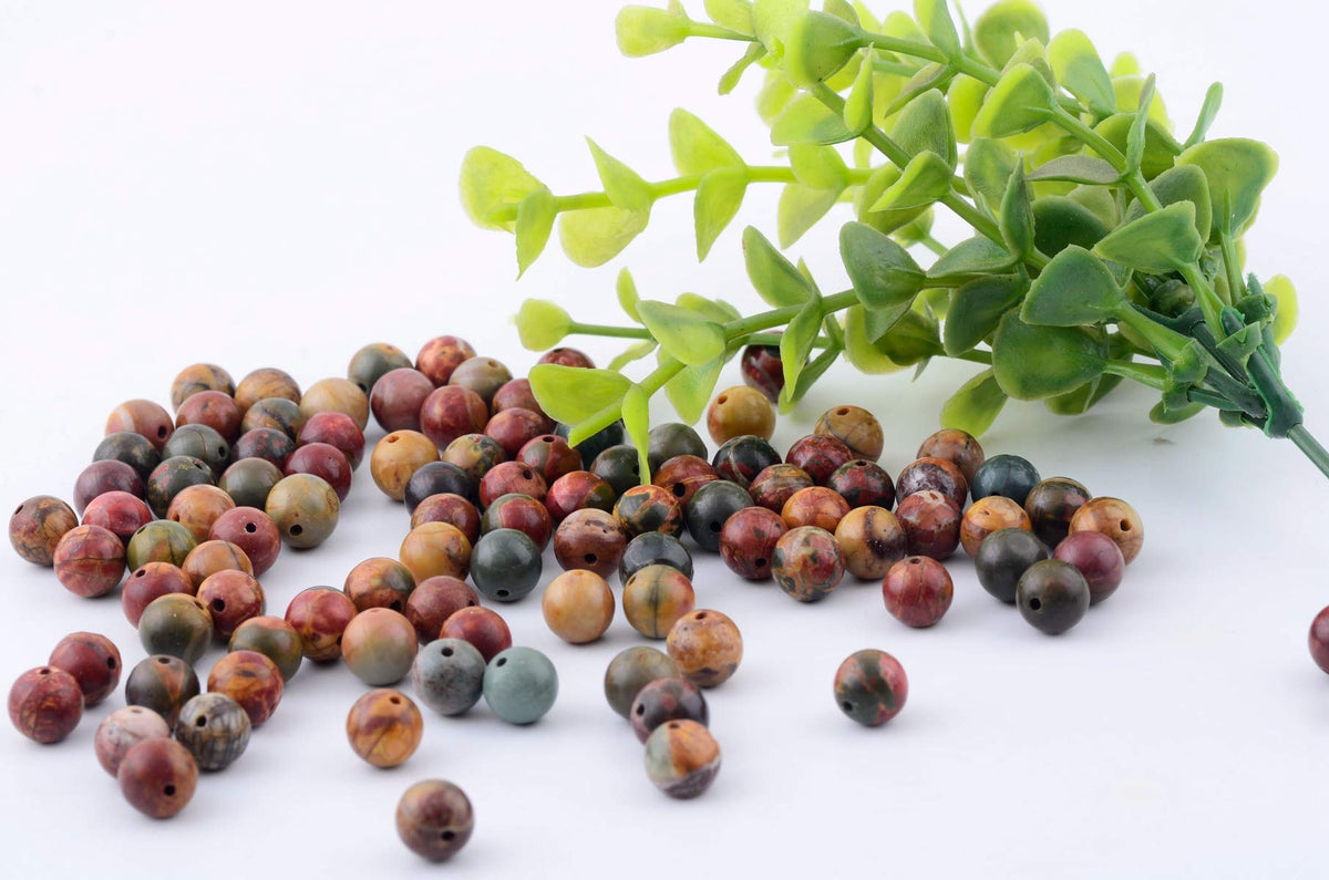 Natural Stone Beads 100pcs 8mm Picasso Jasper Round Genuine Real Stone Beading Loose Gemstone Hole 1mm DIY Charm Smooth Beads for Bracelet Necklace Earrings Jewelry Making (Picasso Jasper Red, 8mm)