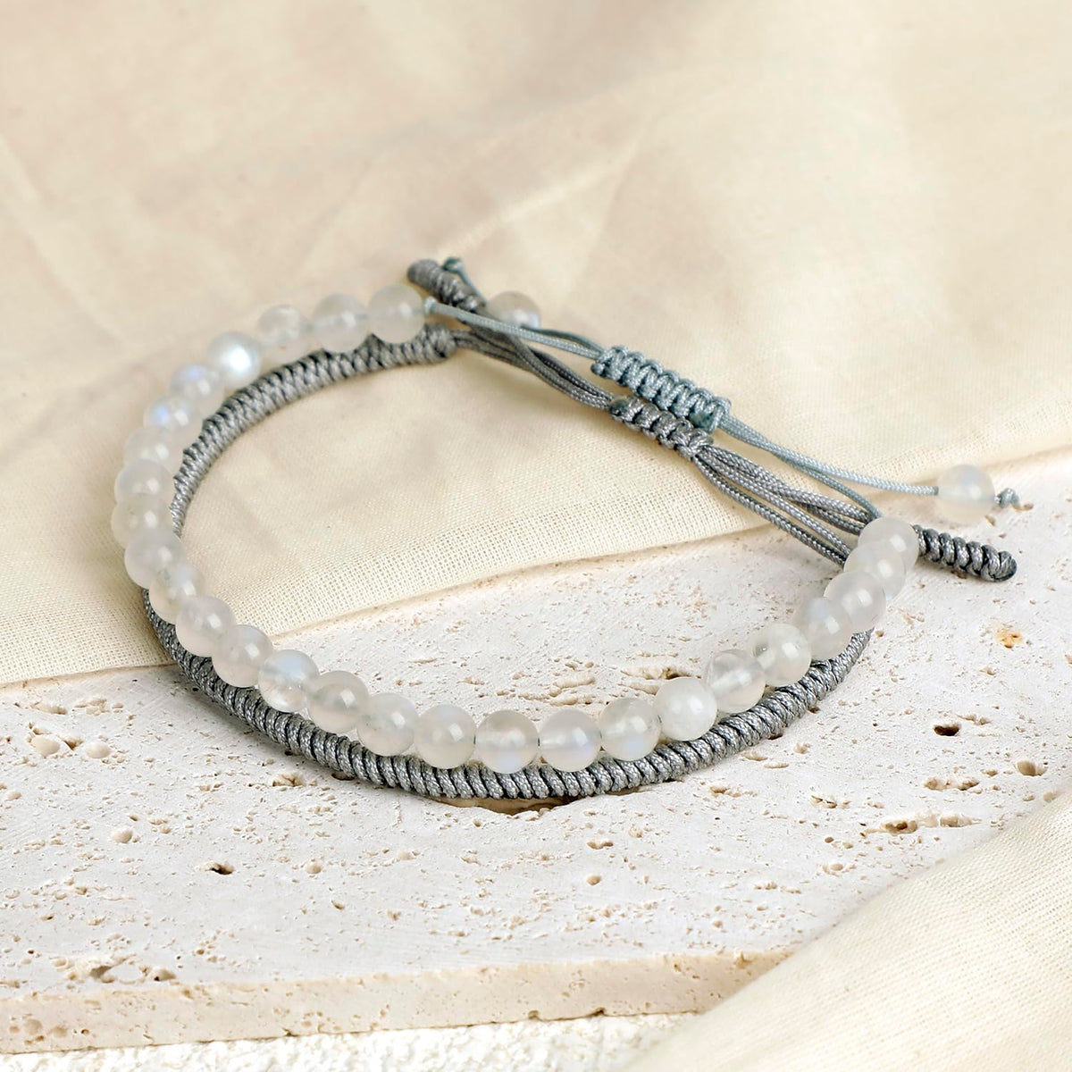 LPBeads 6mm White MoonStone Bracelet with Handmade Rope Bracelet Size Adjustable Natural Stone Crystal Healing Bracelets Gifts for Unisex Adults