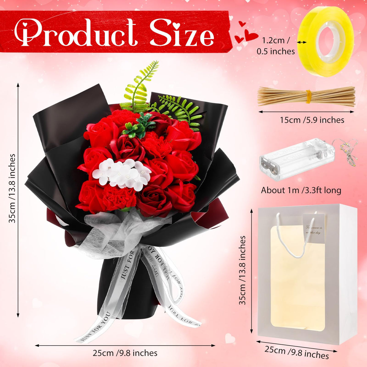 Suncalla Money Flower Bouquet Kit DIY Artificial Soap Rose Gifts with LED Light Kit, Fake Floral Rose Bouquet with Gift Bag Set for Graduation Anniversary Wedding(Red)