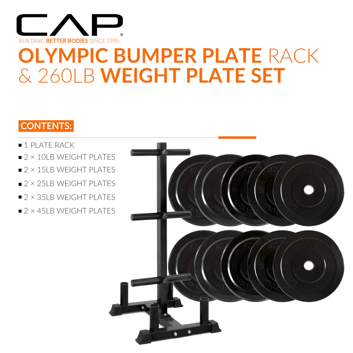 CAP Barbell 260 lb Elite Olympic Plate Set with Traditional Plate Rack & Barbell Storage | 6 Weight Posts + 4 Barbell Holders