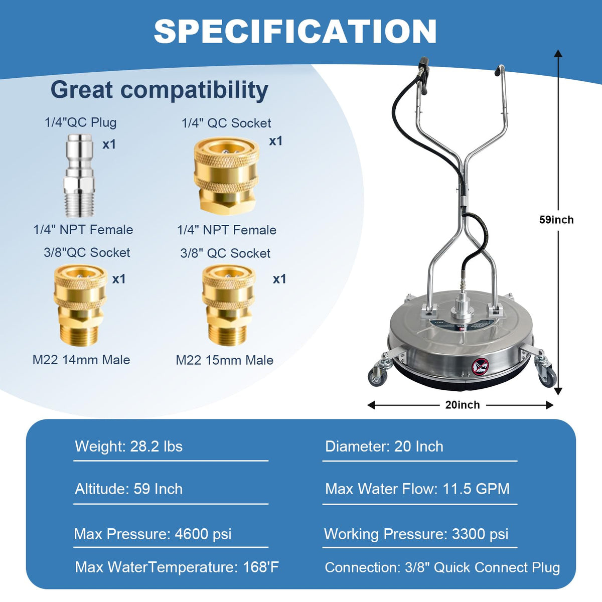 20" Pressure Washer Surface Cleaner with 4 Wheels - Stainless Steel Dual Handle Surface Cleaner 4600 Max PSI, 3/8" Connector & 1/4" Adapter Power Washer Floor Attachment,for Floor Driveway, Patio