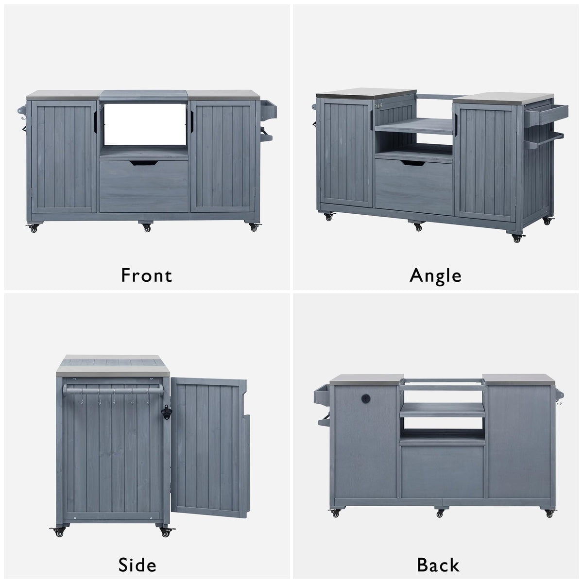 Merax Outdoor Grill Table for Big Green Egg Grills, 66.5" Patio Kitchen Island on Wheels with Stainless Steel Tabletop,Drawer and Spice Rack, Solid Wood Outdoor Storage Cabinet for Backyard, Grey Blue
