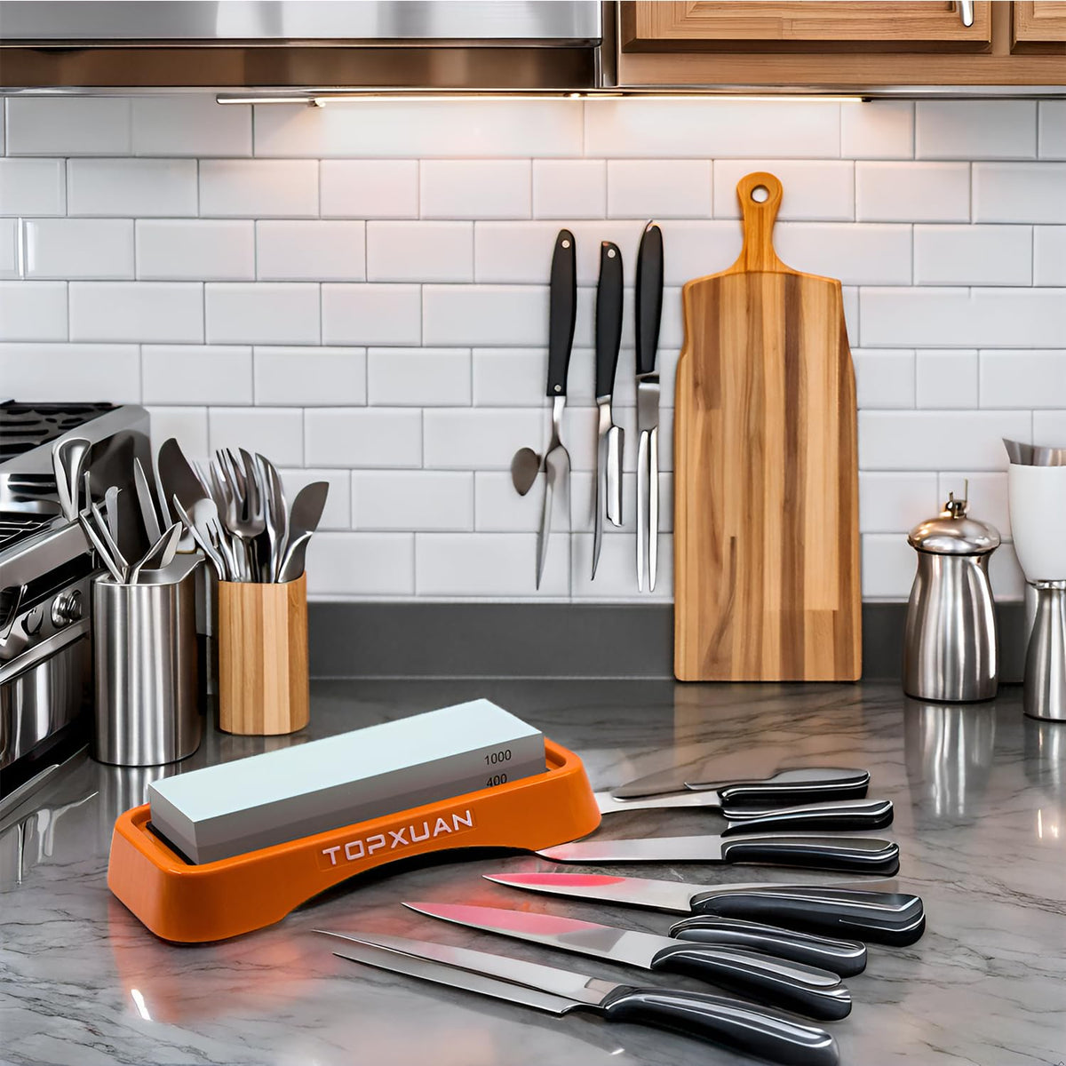 Topxuan Knife Sharpening Stone Sided 400/1000 Grit sharpener Waterstone,Professional Kitchen Whetstone with Orange Plastic Base, Non-slip Rubber and Angle Guide