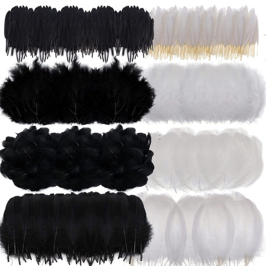 MWOOT 400Pcs Black White Feathers, 4 Assorted Crafts Feathers for Halloween Costume Wings Dream Catchers DIY Christmas Tree Wreath Wedding Decor Art Handmade