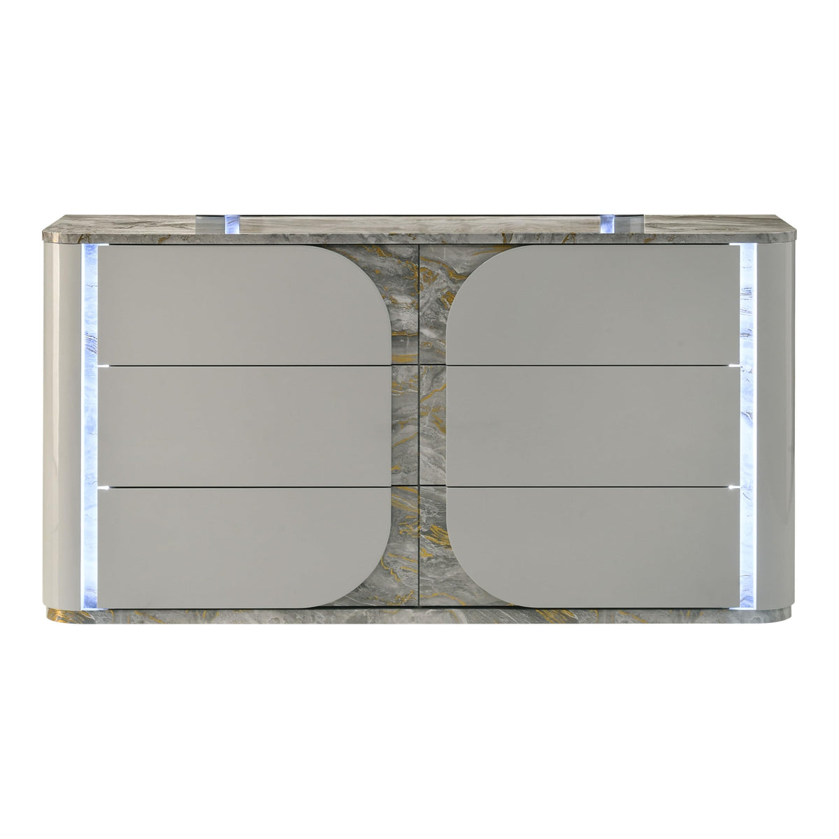 Furniture of America Bruna Modern Contemporary Wood 62.5-inch 6-Drawer Dresser with Plinth Base, Touch-Control LED, Replicated Marble Accents for Bedroom, Guest Room, Light Gray