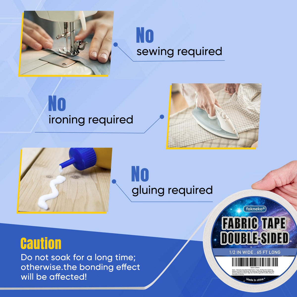 Double-Sided Fabric Tape, Perfect for Clothing Repairs & Fabric Bonding, No Sewing, Ironing, Gluing Required, Strong Adhesive Cloth Tape for Hemming & DIY Crafts, Easy to Remove (1/2inch+1inch)