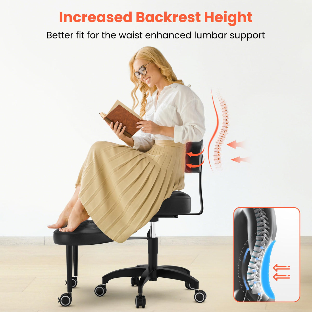 TASALON Cross Legged Office Chair, Criss Cross Chair with Wheels, 360° Swivel Adjustable Height ADHD Chair with Back Support, Ergonomic Kneeling Chair for Meditation, Yoga & Home Office Use, Black