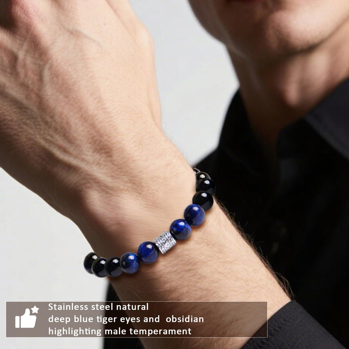Tiger Eye Obsidian Beaded Bracelets For Men Gemstone Bracelets For Men &Women Fashion Natural Stone Men‘s Jewelry (blue & black)