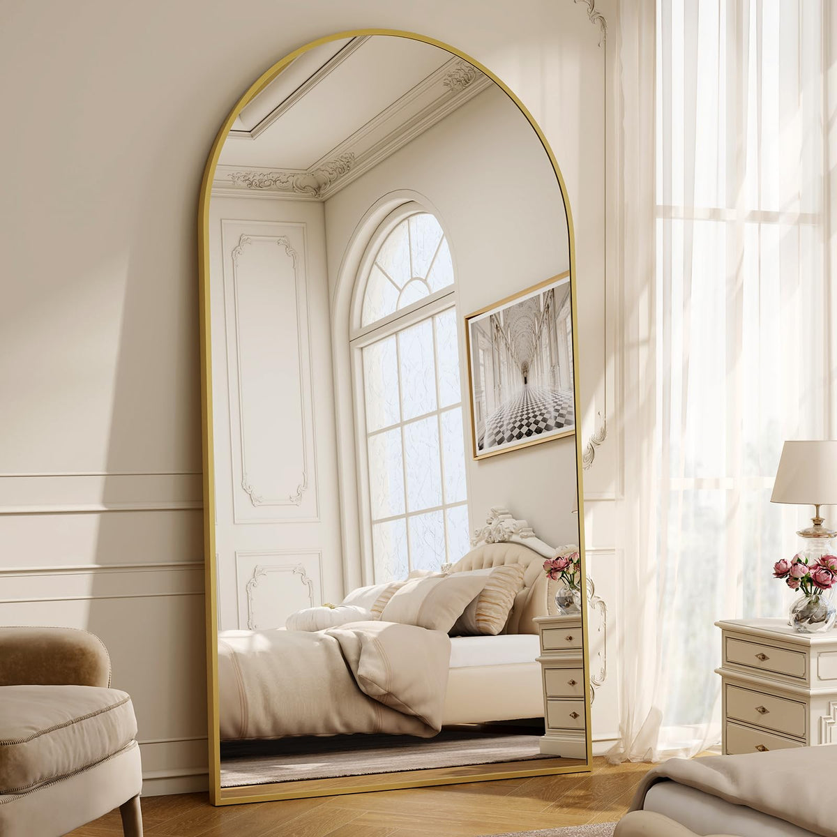 Riskioir 86" x 40" Large Arch Full Length Mirror - Floor Full Body Mirror with Aluminum Frame - Standing, Leaning or Hanging, for Bedroom, Living Room, Gold