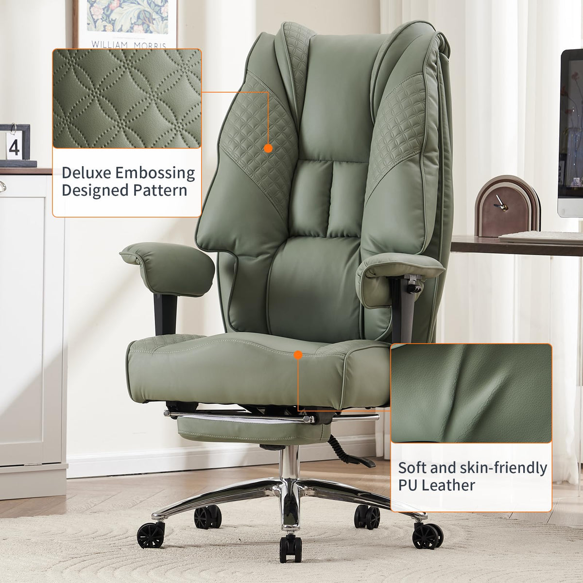 EXCEBET Big and Tall Office Chair 400lbs Wide Seat, Leather High Back Executive Office Chair with Foot Rest, Ergonomic Chairs Lumbar Support for Lower Back Pain Relief (Light Green)