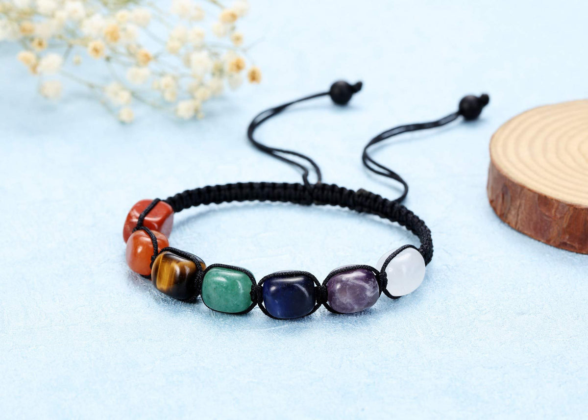 Jovivi 7 Chakra Reiki Healing Crystal Stretch Bracelet Natural Gemstone Energy Balancing Yoga Beads Bracelet Braided Rope for Women Men