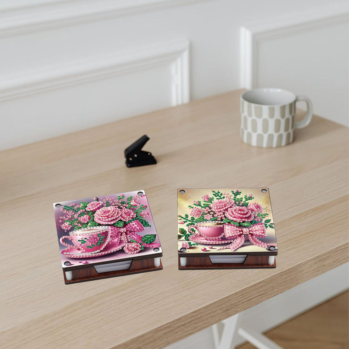JISHSHAY 2 PCS Diamond Art Note Box Flower Diamond Painting Note Pad Holder Tea Cup Gem Painting Gem Art Memo Boxes Mosaic Kits for Adults Embroidery Kit Memo Pad Holder, Contains 120 Sheets of Paper