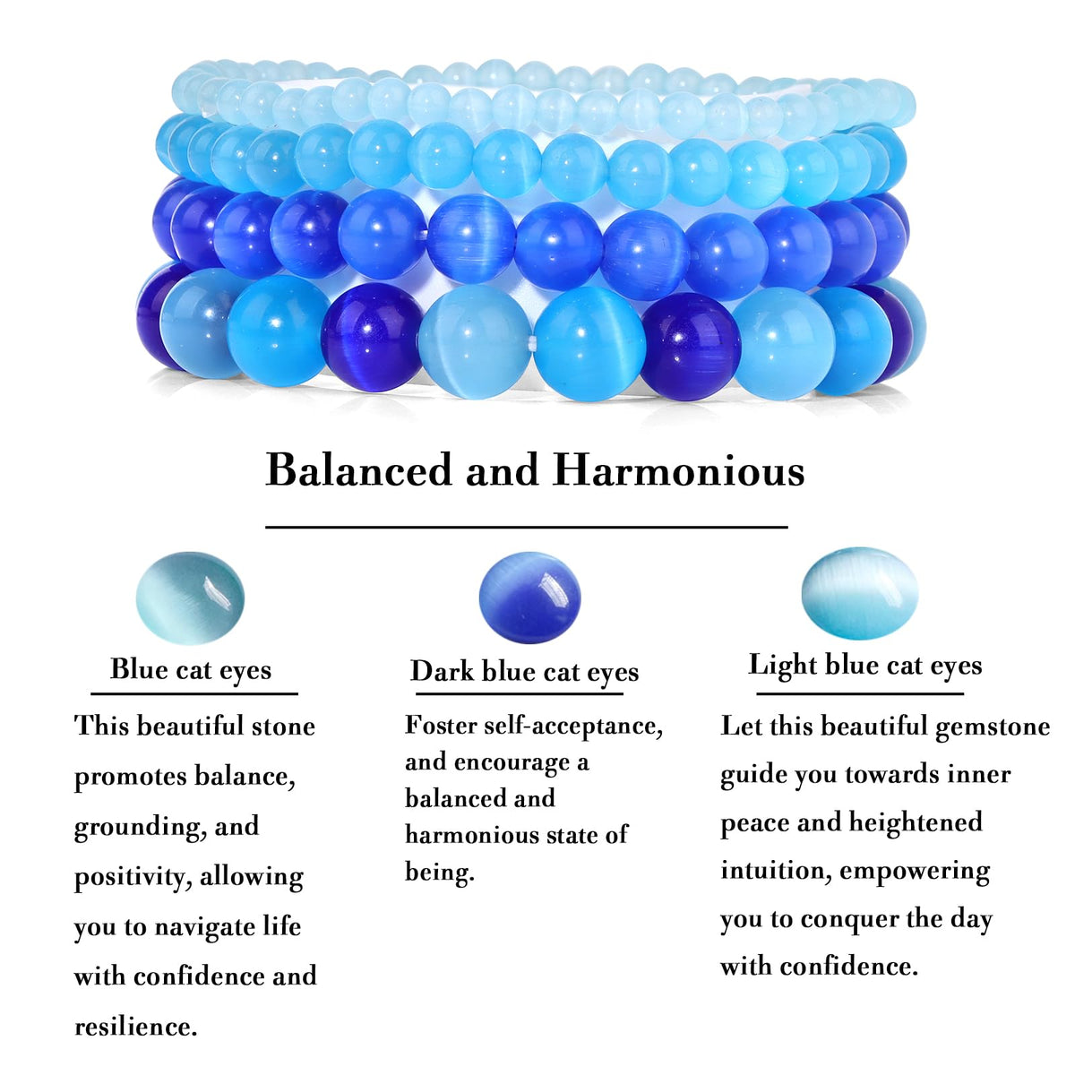 Vinswet 4pcs Natural Stone Beaded Bracelets for Women Men,Healing Crystal Gemstones Stretch Bracelet,4mm 6mm 8mm 10mm Light blue cat eyes Anxiety Stress Relief Bracelet Jewelry Gifts