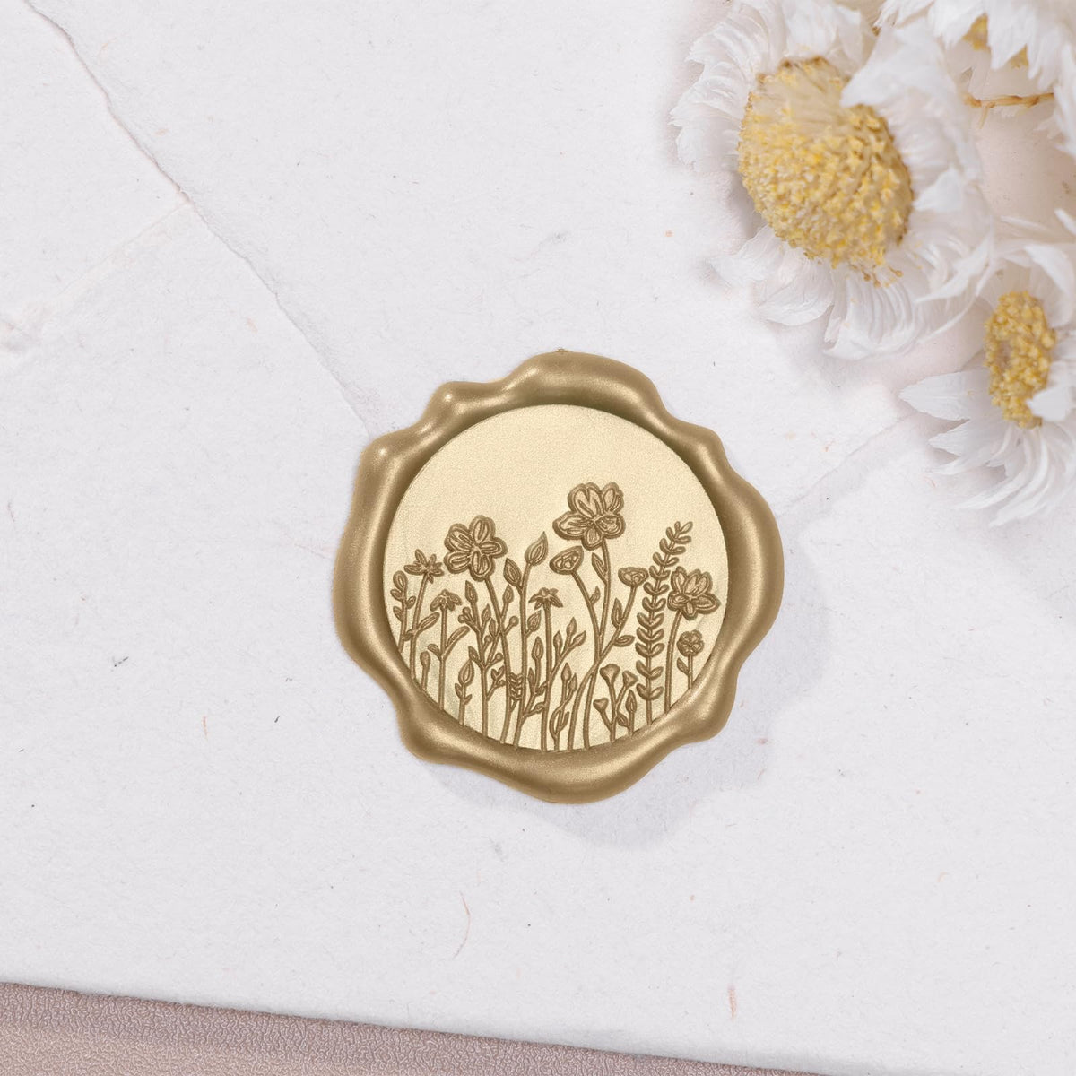 UNIQOOO Wildflower Wax Seal Stickers - Floral Wedding Invitation Envelope Seal Sticker, 50 Pcs Self- Adhesive Light Gold Field of Flowers Stickers, Perfect for Christmas, Gift Wrapping