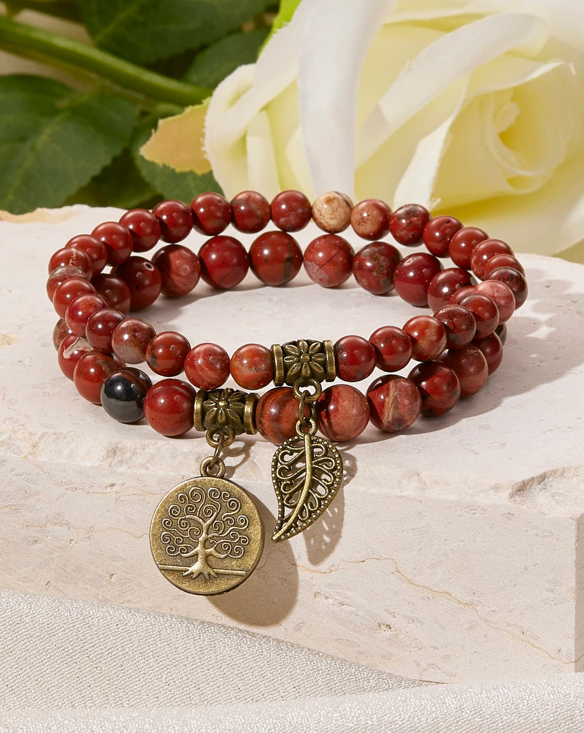 Bivei Red Jasper Beaded Bracelets Root Chakra Natural Crystal Gold Life Tree and Leaf Charm Quartz Energy Bracelet Set Semi-Precious Gemstone Stretch Bracelets for Women Calming Anxiety