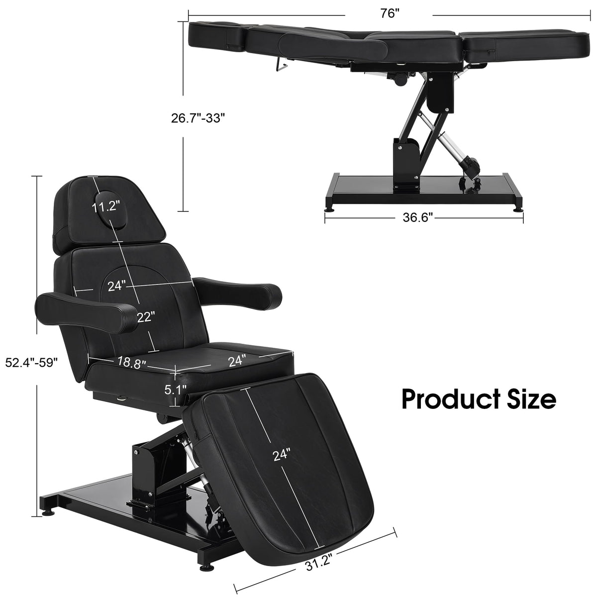 BarberPub Electric Facial Bed, 3-Motor Adjustable Fully Adjustable Esthetician Chair, Tattoo Chair with Thick Cushion, Professional Tattoo Spa Equipment, 2782 (Black)
