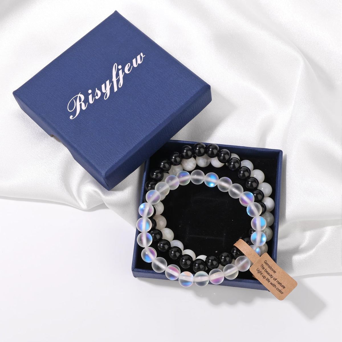 Risyfjew 3 PCS Moonstone Healing Crystal Bracelets Women 8mm NaturalMoonstone Stone Beaded Stretch Bracelet Crystal Gifts for Women