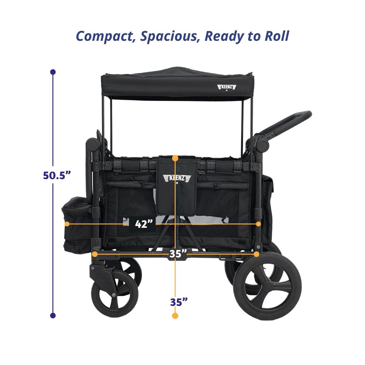 Keenz MOOV 4-Passenger All-Terrain Stroller Wagon with Reclining Seats, Built-in Cooler, Push/Pull Handle, Rubber Wheels, and Activity Tray – Foldable Wagon for Four Kids, Black