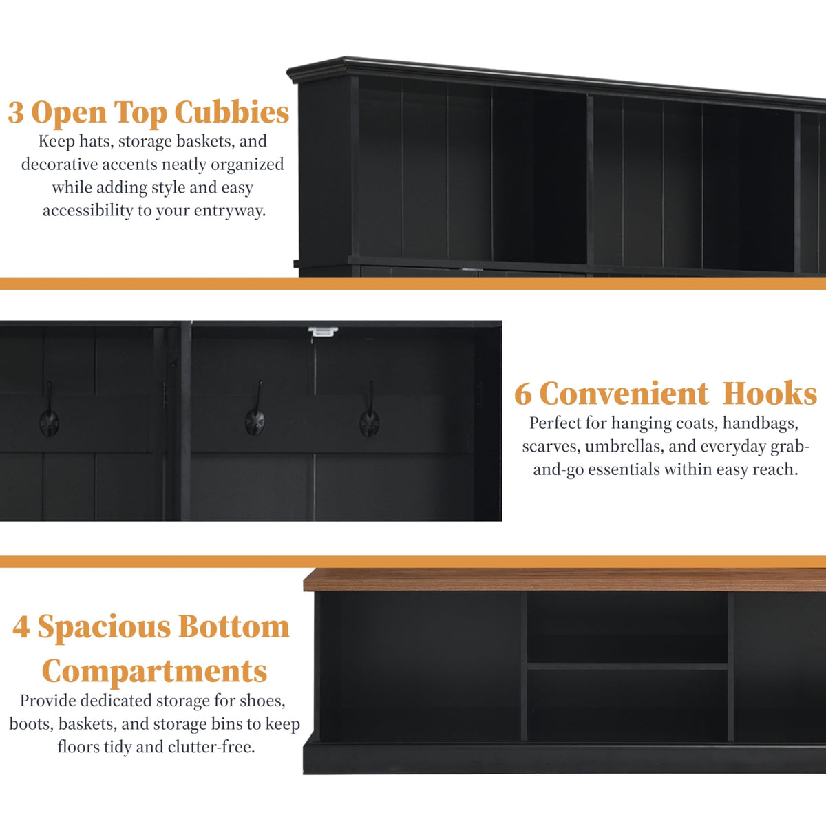 SYMCAVE Hall Tree with Bench and Shoe Storage,Shoe and Coat Rack with Drawer and Hooks,Farmhouse Furniture for Entryway,Mudroom,Living Room,Black (Black, 62.2" W)