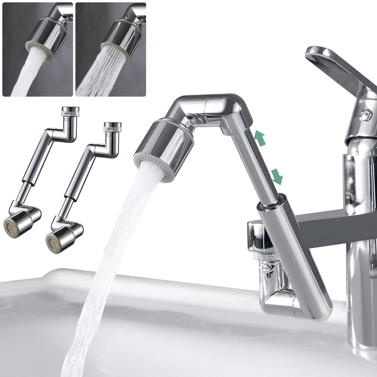 Universal 1440° Sink Faucet Aerator Extension Swivel Faucet Extender 2 Pack, 2 Sprayer Modes Rotatable Bathroom Kitchen Head Replacement Tap Attachment with Filter for G 1/2", 55/64",15/16" Chrome