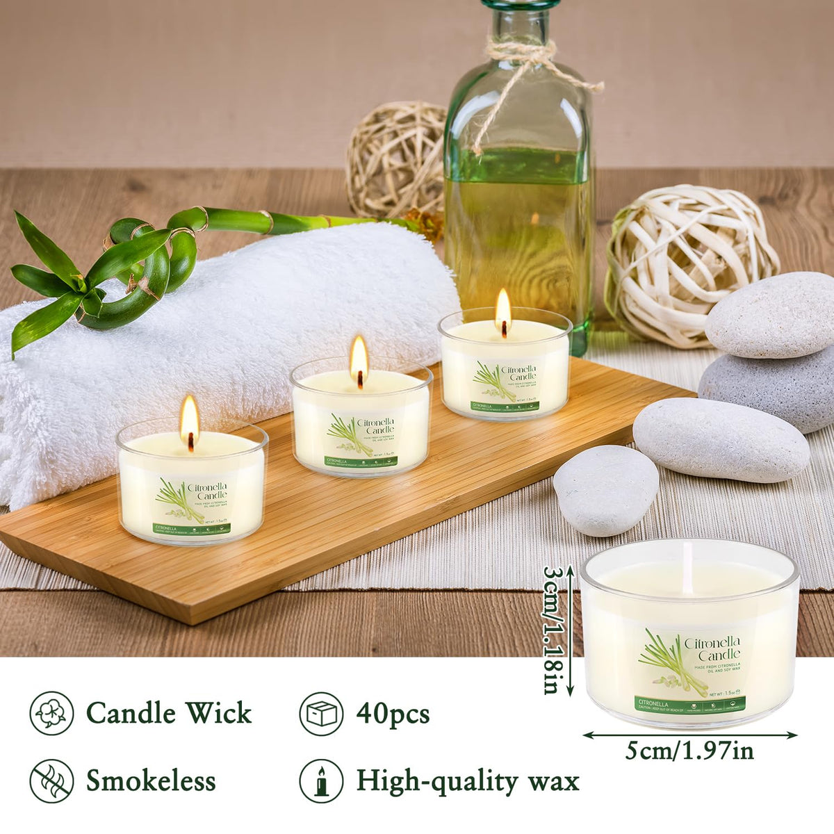 CAKETYCG 40-Pack Citronella Scented Tealight Candles -Outdoor Candles Natural Soy Wax Candle Bulk, Smokeless & Long-Lasting for Yard, Picnic, Camping Outdoor Comfort.