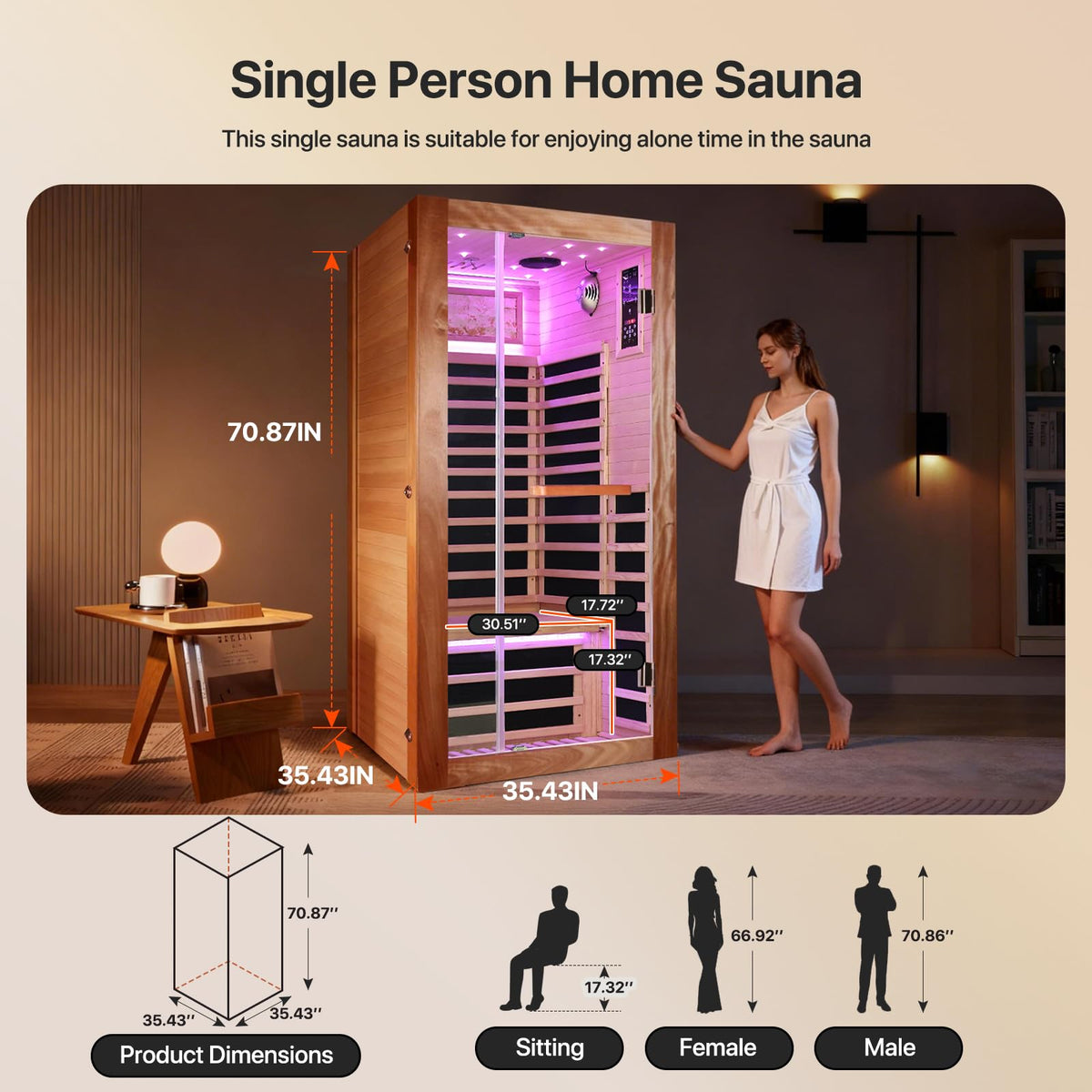 OUTEXER Sauna One Person Far Infrared Saunas Room African Mahogany Wood 1350W Dry Saunas Spa with 7 Starry Sky Light Wood Wax Oil on Outer Surface 35.4 * 35.4 * 70.9inch