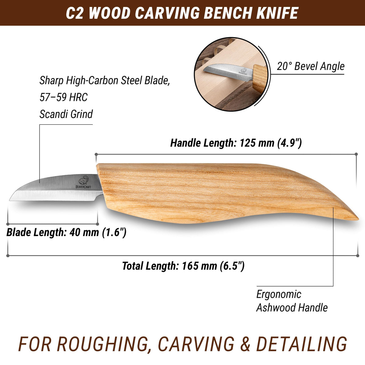 BeaverCraft Whittling Knife C2 6.5" - Wood Chip Carving Knife for General Purpose - Detail Whittling Knives Carbon Steel - Wood Carving Tools for Beginners