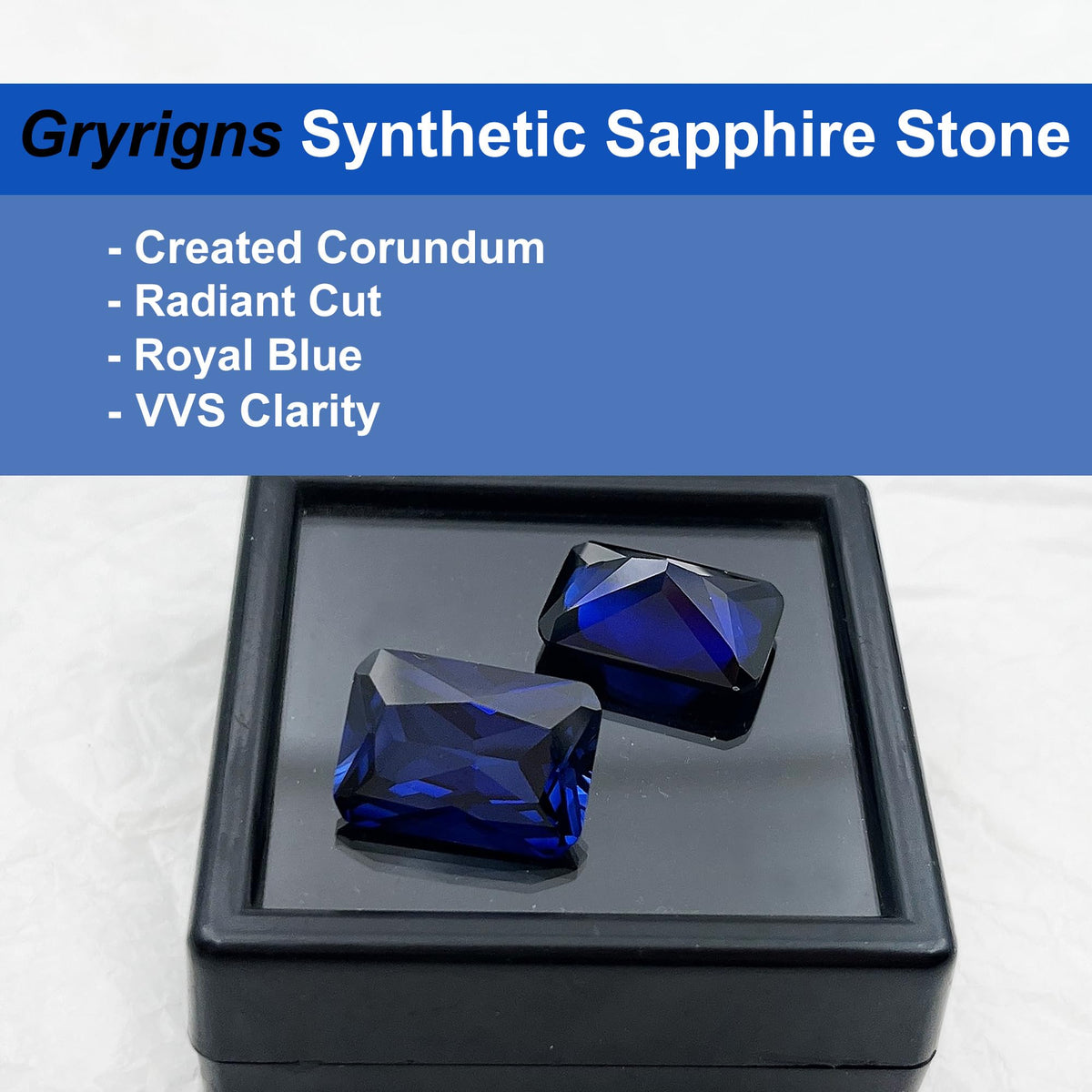 Gryrigns Royal Blue Loose Synthetic Sapphire Stone Radiant Cut Created Corundum Gemstone Faceted VVS Grade (2.9cts, 9x7mm, 1Pcs)