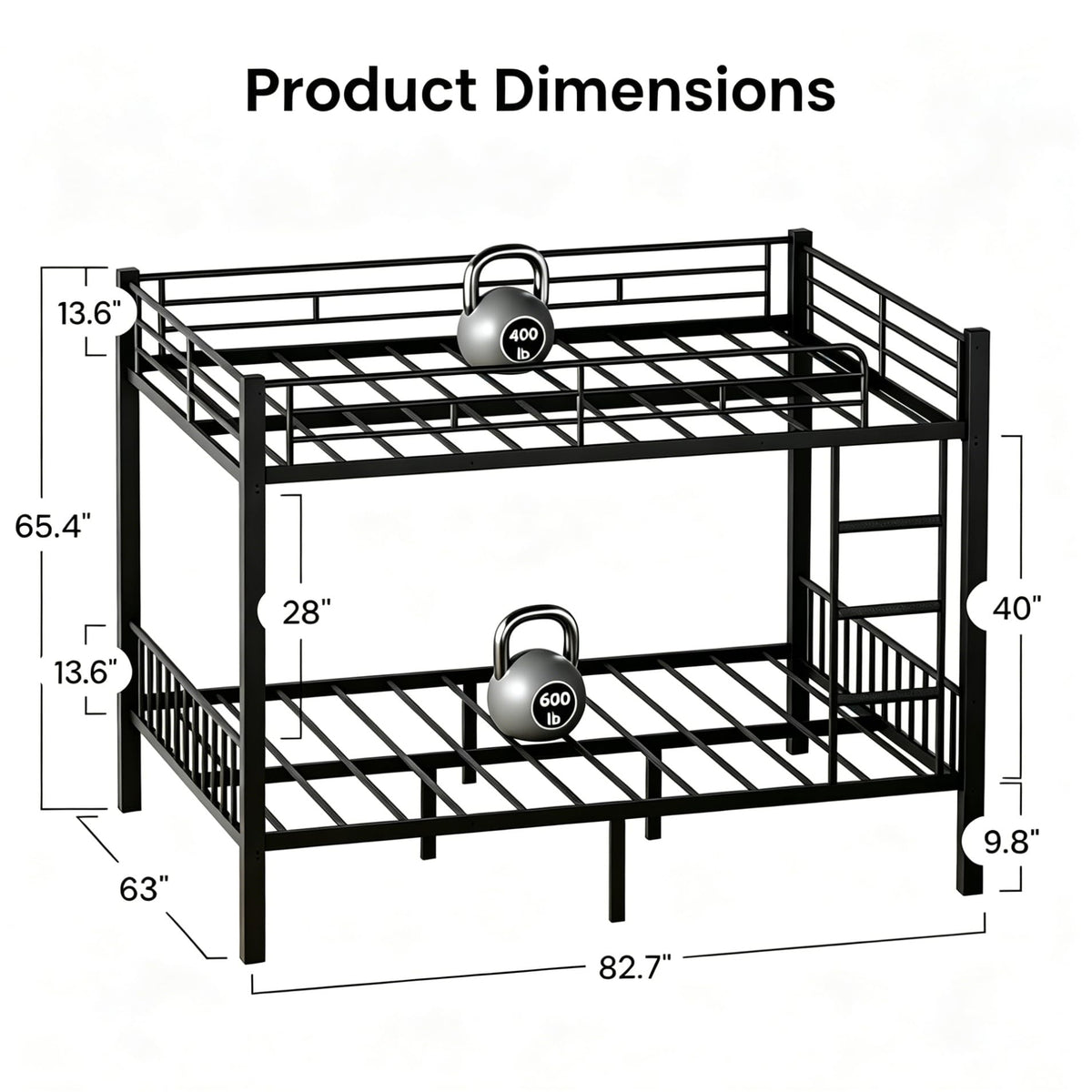 Feetice Queen Over Queen Bunk Bed, Heavy Duty Metal Bunk Bed for Adults & Teens, 400/600lbs Capacity, Full-Length Top Guardrails, Anti-Slip Ladder, 9.8" Underbed, No Box Spring Needed