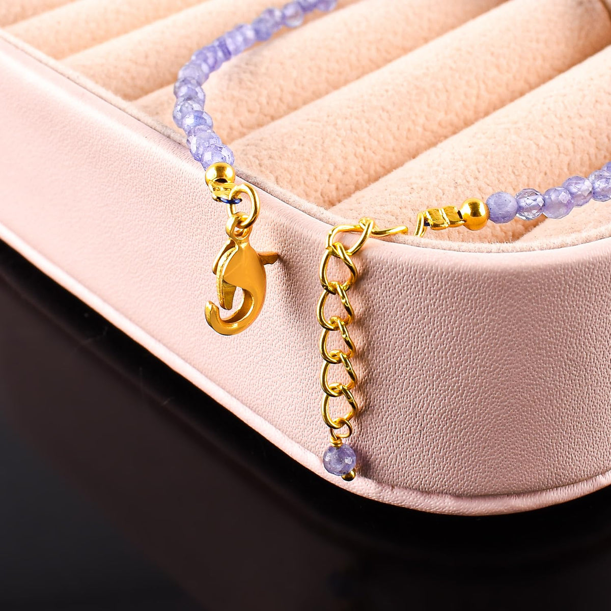 Natural Blue Tanzanite Gemstone Micro Beads Dainty Bracelet Jewelry for Women, December Birthstone, Chakra Energy Crystals, 14k Gold Plated Chain 8 inch Adjustable