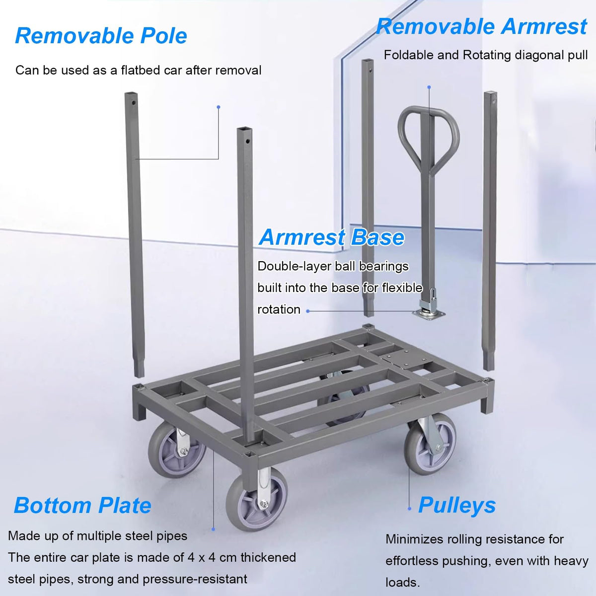 Heavy Duty Folding Platform Trolley, Removable Armrest and Fence Pole, Commercial Cloth Pulling Cart for Warehouse and Workshop, Easy Installation