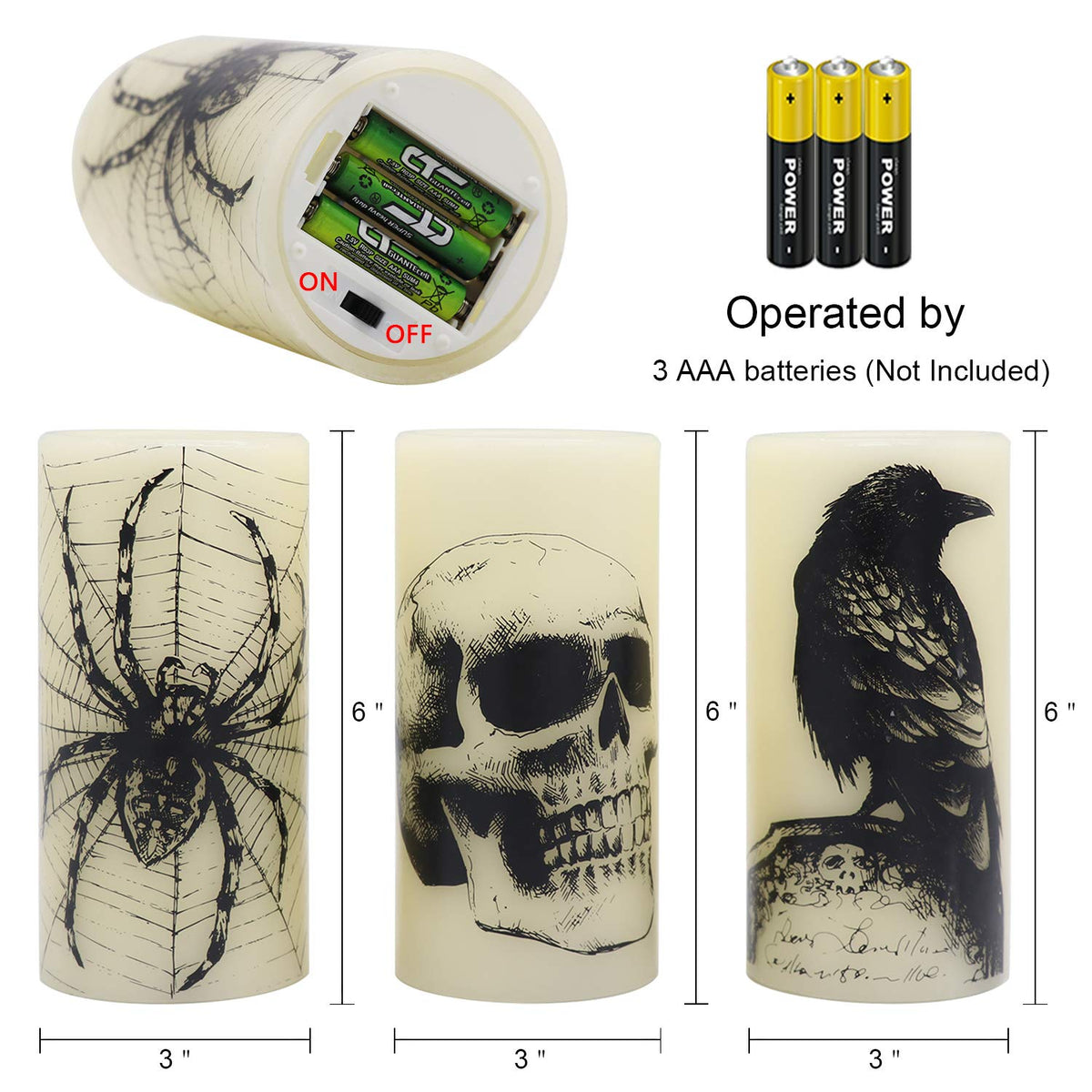 Wondise Halloween Flickering Flameless Candles with 6hrs Timer, Battery Operated LED Real Wax Candles Set of 3 Skull, Spider Web, Crow Raven Decals Halloween Home Decoration Gifts(3 x 3 x 6 Inch)