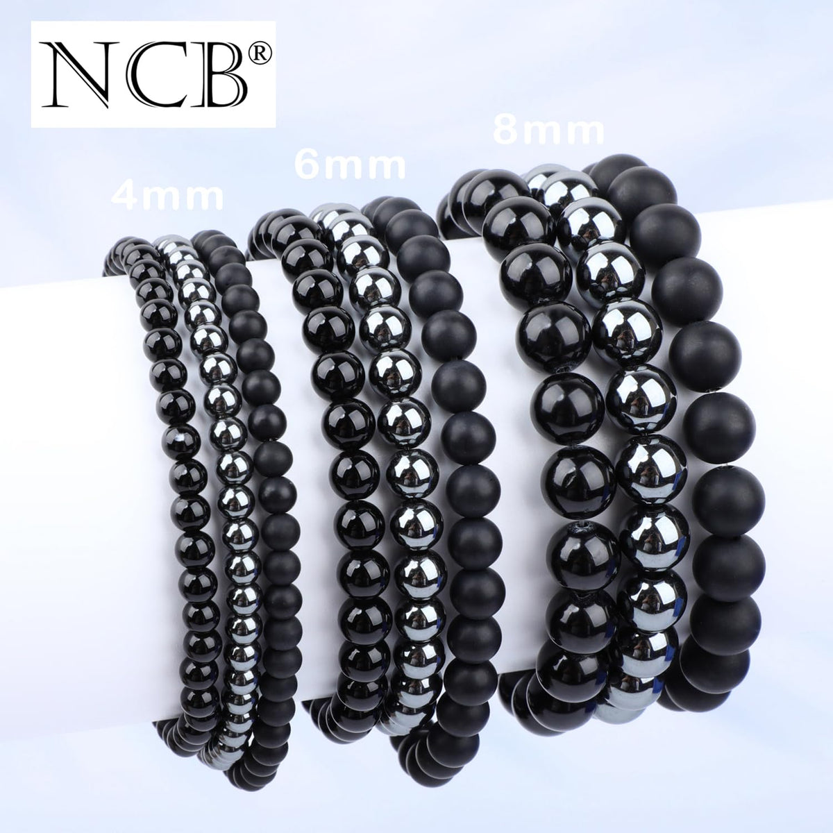NCB 3-Piece 6mm Natural Crystal Gemstone Stretch Bracelets – ﻿Black Onyx, Hematite, Matte Black Agate Handmade Reiki Energy Healing Jewelry for Meditation,Yoga, Unisex