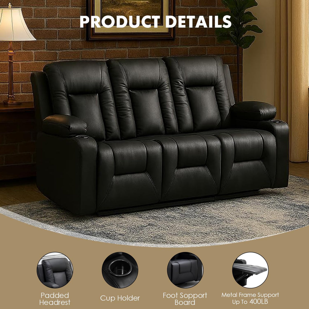 LUCKLIFE Leather Recliner Sofa Set with Manual Recliners,Living Room Furniture Set with Reclining Couch,Loveseat and Armchair,Living Room Chair with Cup Holders,Black (3+1)