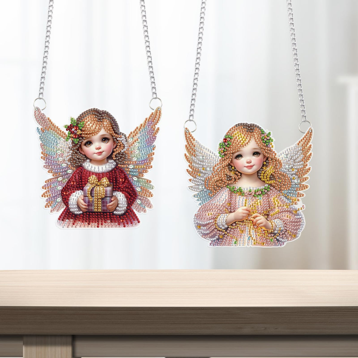 LazyFold 2 Pcs DIY Acrylic Diamond Art Painting Angel Kits Special Shaped Rhinestone 5D Diamond Art Window Pendants Home Garden Wall Hanging Kits Hanging Ornament