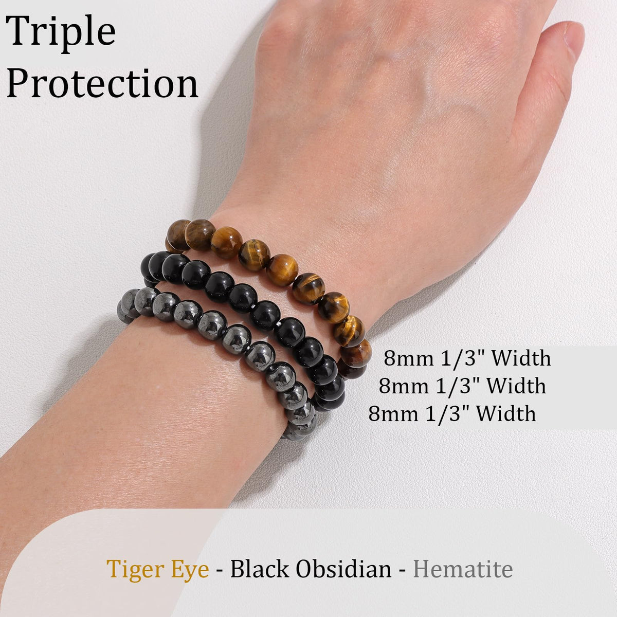Vinswet Healing Crystal Bracelets for Women Men 8mm Tiger Eye Hematite Black Obsidian Natural Stone Beaded Stretch Bracelet Triple Protection Handmade Gemstone Reiki Spiritual Jewelry Gifts