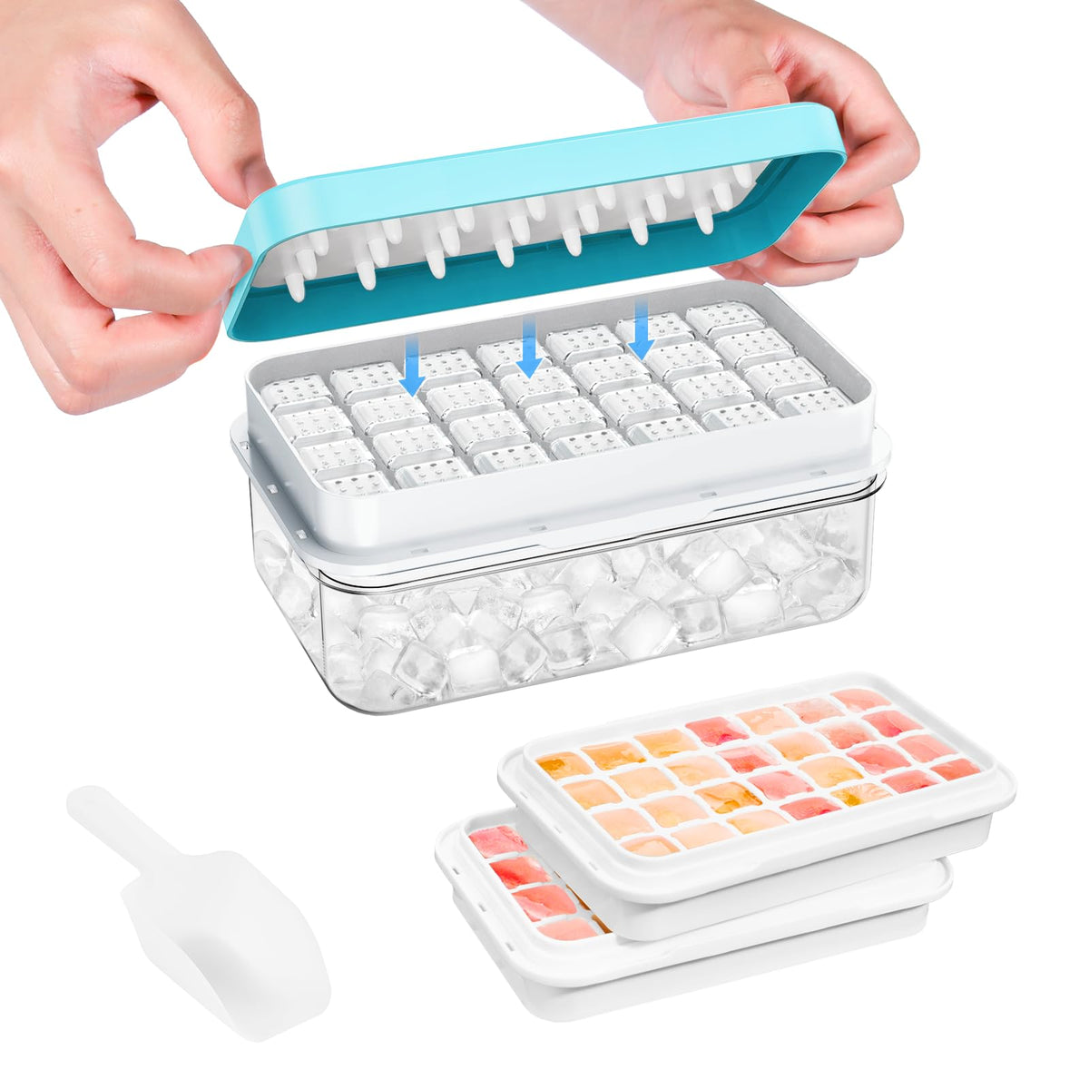 Ice Cube Tray with Lid and Bin, PHINOX 56 pcs Ice Trays for Freezer, Ice Cube Trays for Freezer with 2 trays, Container, Lid & Ice Scoop, BPA Free