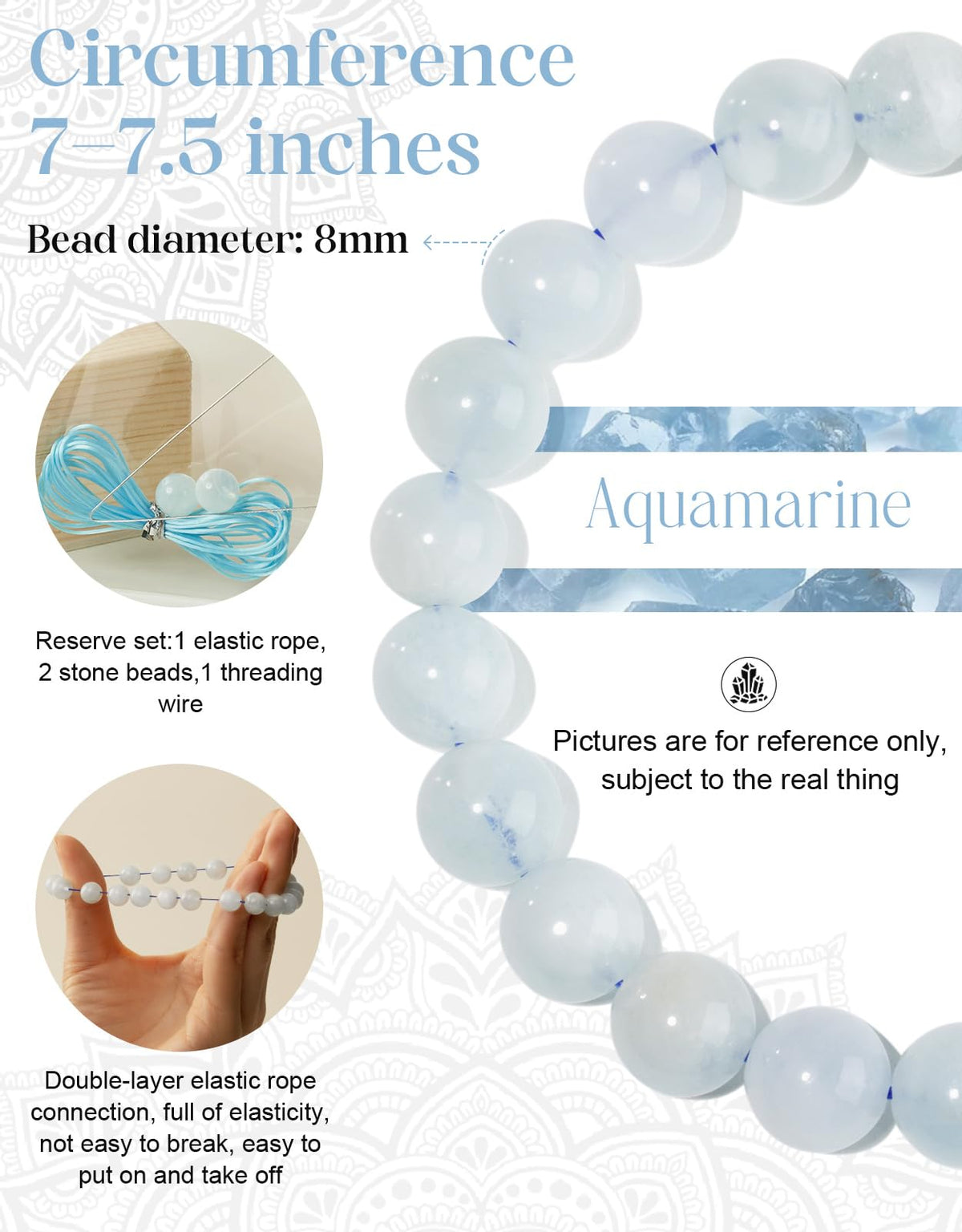 Landorilo Beaded Bracelet for Men Women, 8mm Natural Stone Aquamarine Healing Crystal Stretch Bracelets, Ideal Christmas Birthday Jewelry Gifts with Energy Card，Replacement Beads Included