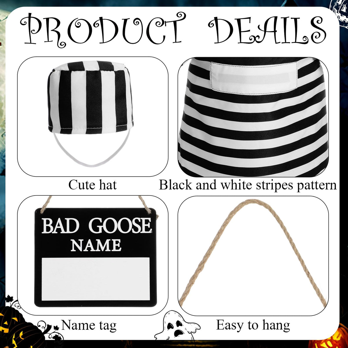 Shyyween Halloween Prisoner Porch Goose Outfit Plastic Lawn Porch Goose Statue Prisoner Clothes with Bad Name Wooden Sign for Outdoor Patio Yard Art Decoration Cosplay