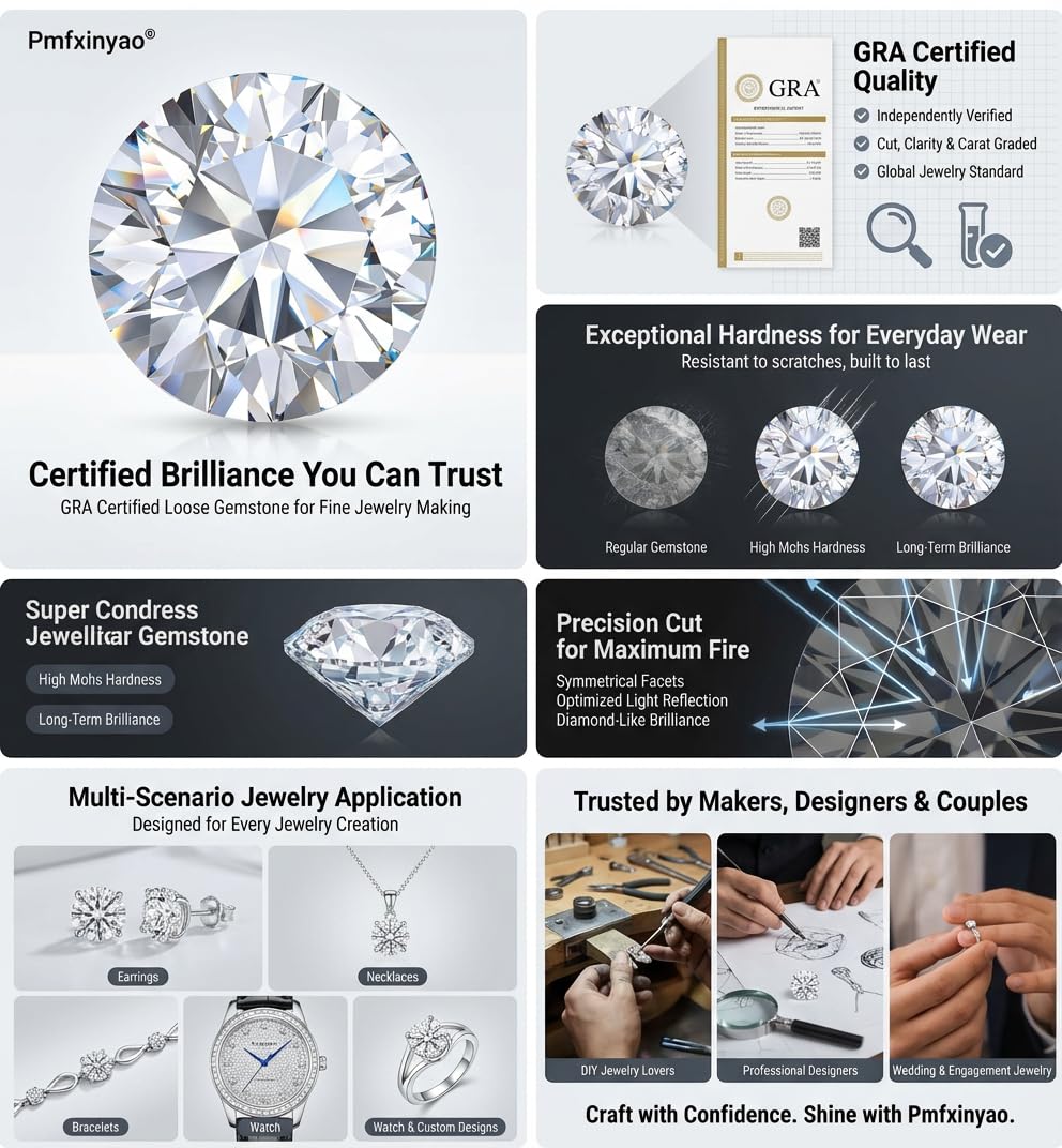 Pmfxinyao 0.2-10 Carats Moissanite Loose Gemstone, Round Cut, D Color VVS1 Clarity, with GRA Certificate. (1 Carats)