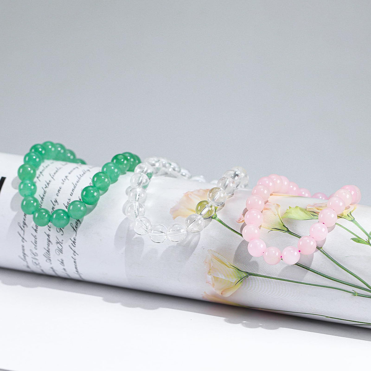 Set of 3pcs Natural Crystal Bead Bracelet for Women, Healing Stone Chakra Stretch Beaded Bracelets Anxiety Relief Bracelet Rose Clear Quartz Aventurine