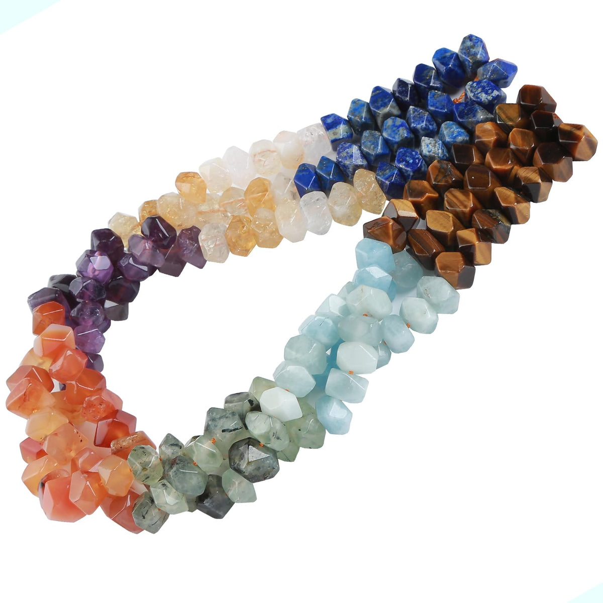 6 * 11mm 25pcs Natural 7 Chakra Mixed Quartz Crystal Stone Irregular Special Cut Stone Beads Loose Beads for Jewelry DIY Making Bracelet 7.5inch
