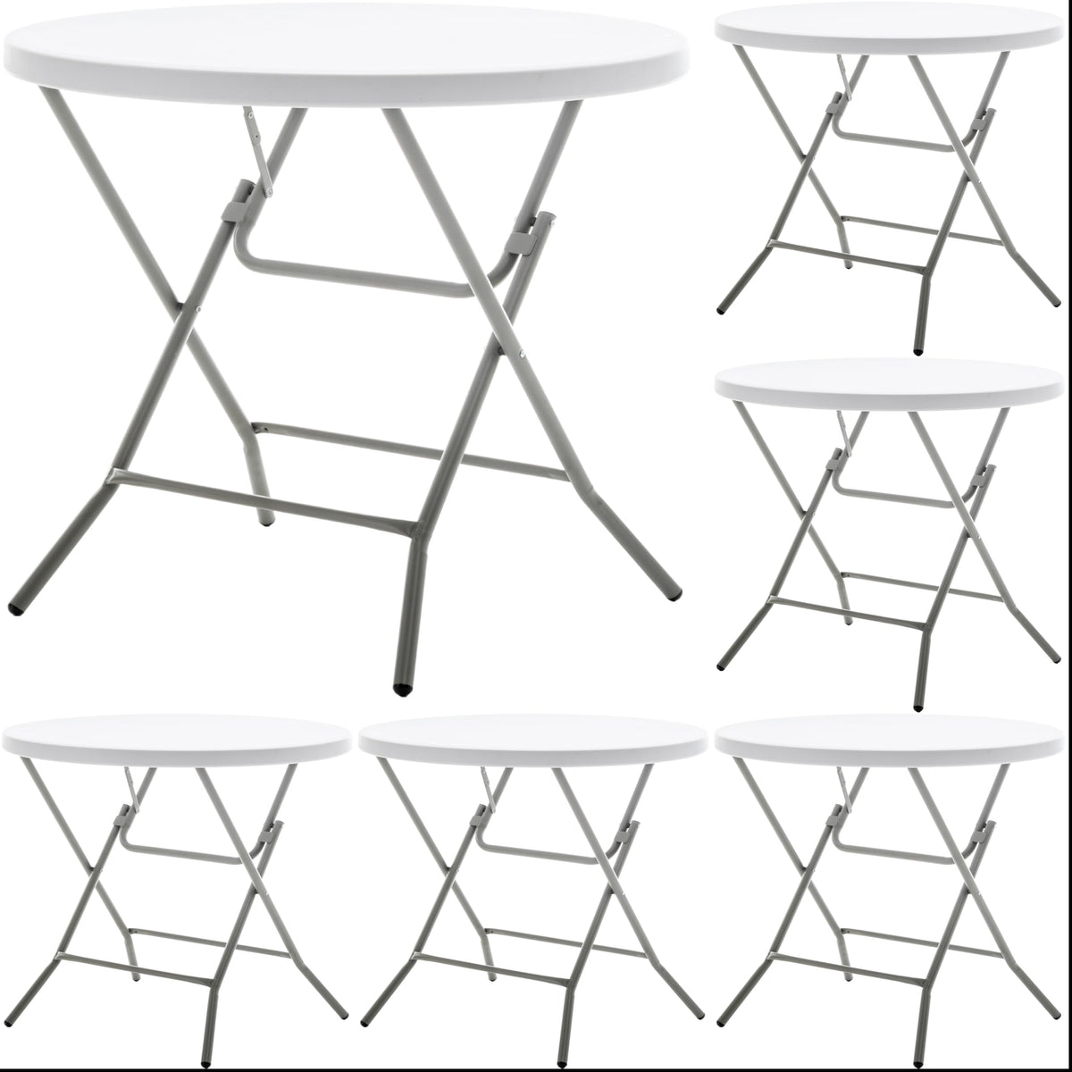 BTEXPERT Set of 5, White 2.63 Foot Round Plastic Folding 30" Height Commercial Portable for Banquet Card Plastic Coffee Dining Wedding Party Event Home Kitchen Indoor Outdoor Thick Top Metal Frame