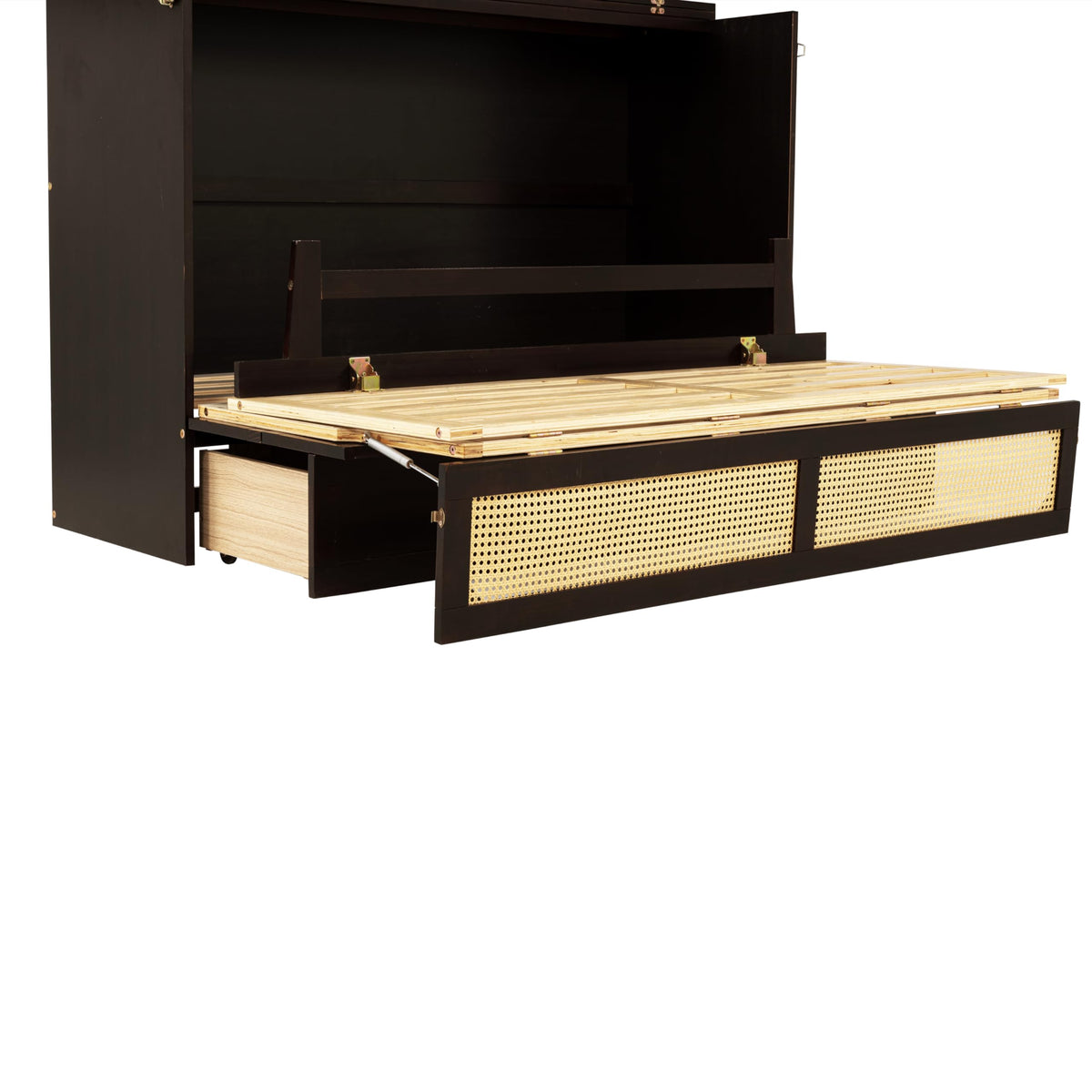 Ball & Cast Hideaway Cabinet Bed Queen Size,Wood Rattan Murphy Bedframe with Storage Drawer,Wall Platform can be Folded up,Space-Efficient Design,for Apartment,Bedroom,Espresso