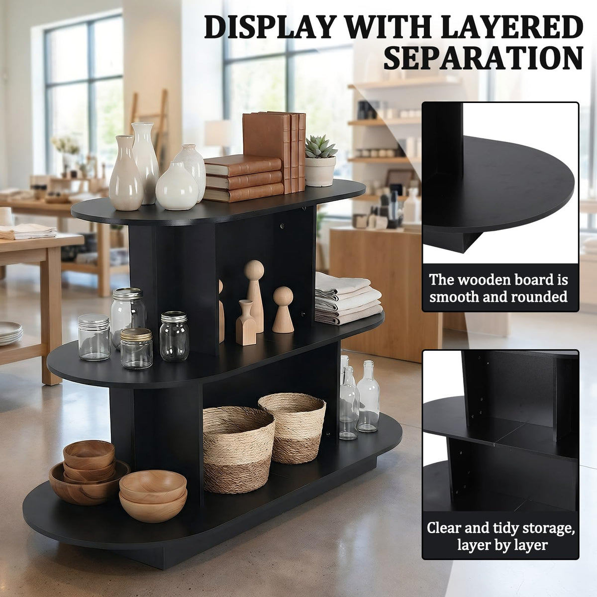 Hubxinly 3 Tier Wooden Oval Display Table Modern Standing Display Riser Shelf Retail Table for Stores Vendor Events 55in W x 23.6in D x 35in H (Black)