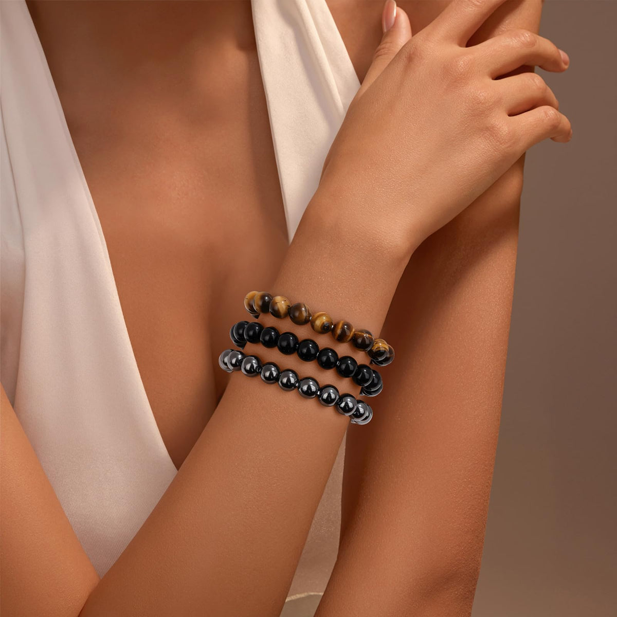 Vinswet Healing Crystal Bracelets for Women Men 8mm Tiger Eye Hematite Black Obsidian Natural Stone Beaded Stretch Bracelet Triple Protection Handmade Gemstone Reiki Spiritual Jewelry Gifts