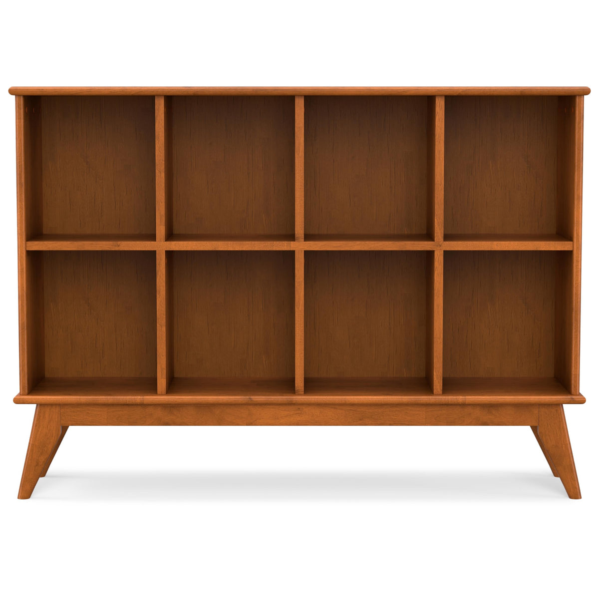 SIMPLIHOME Draper Console Table - 57 Inch Wide Solid Hardwood 8-Cube Sofa Table in Teak Brown, Mid-Century Modern Bookcase for Entryway or Living Room with 8 Open Storage Cubbies and Tapered Legs