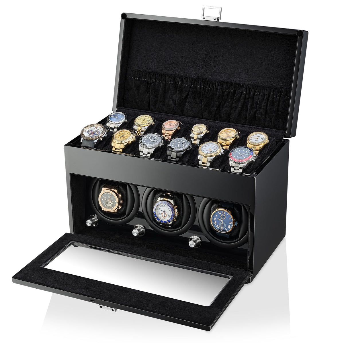 Watch Winder and Storage Box for Winding 3 Automatic Watches and 12 Watch Storage Space (Black+ Black)