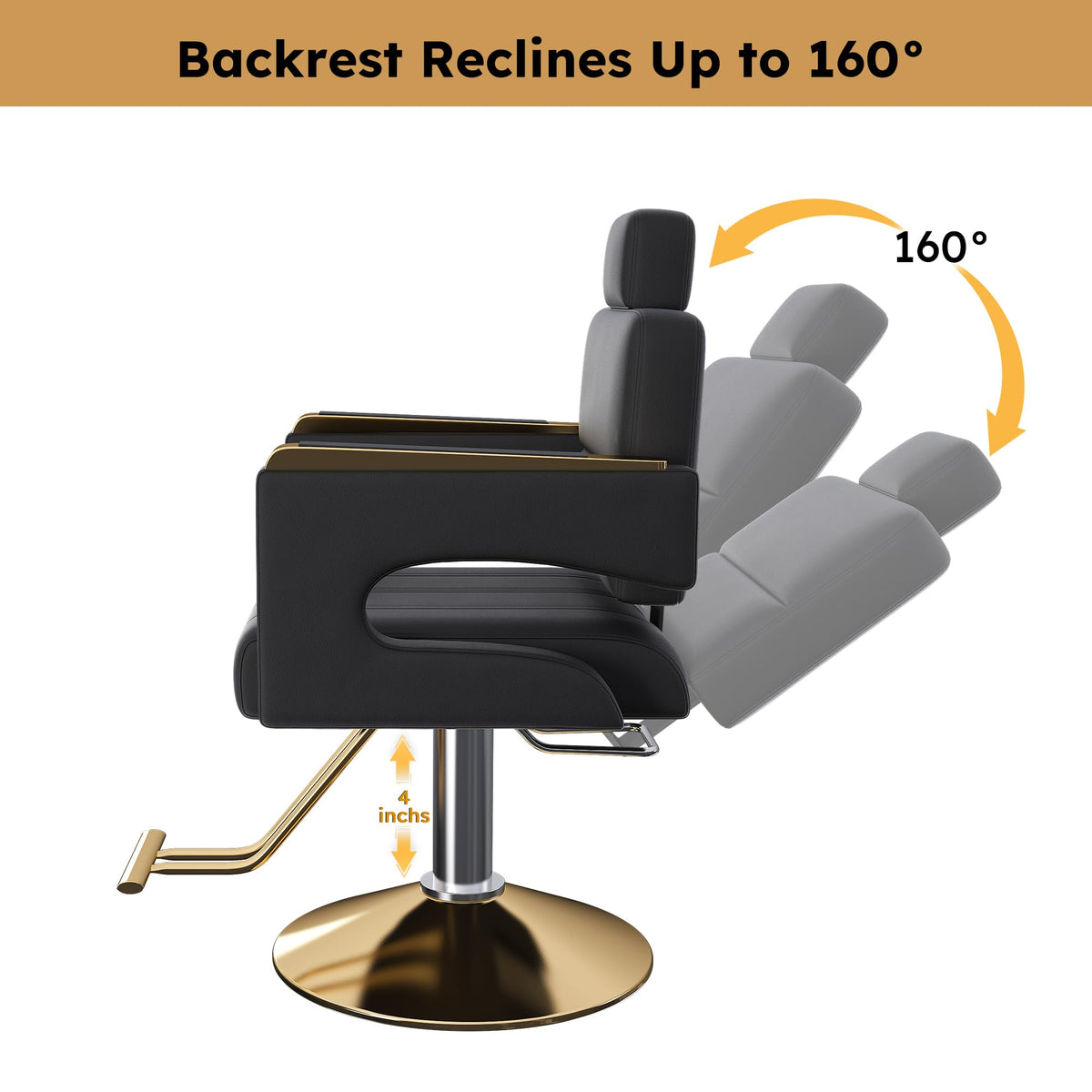 KEIKI Luxury Hydraulic Barber Chair, 160° Reclining Salon Chair w/Adjustable Height & 360° Swivel, Heavy Duty Styling Chair w/Gold Base, PU Leather Cushioned Barber Chair for Salon Spa, Black Gold