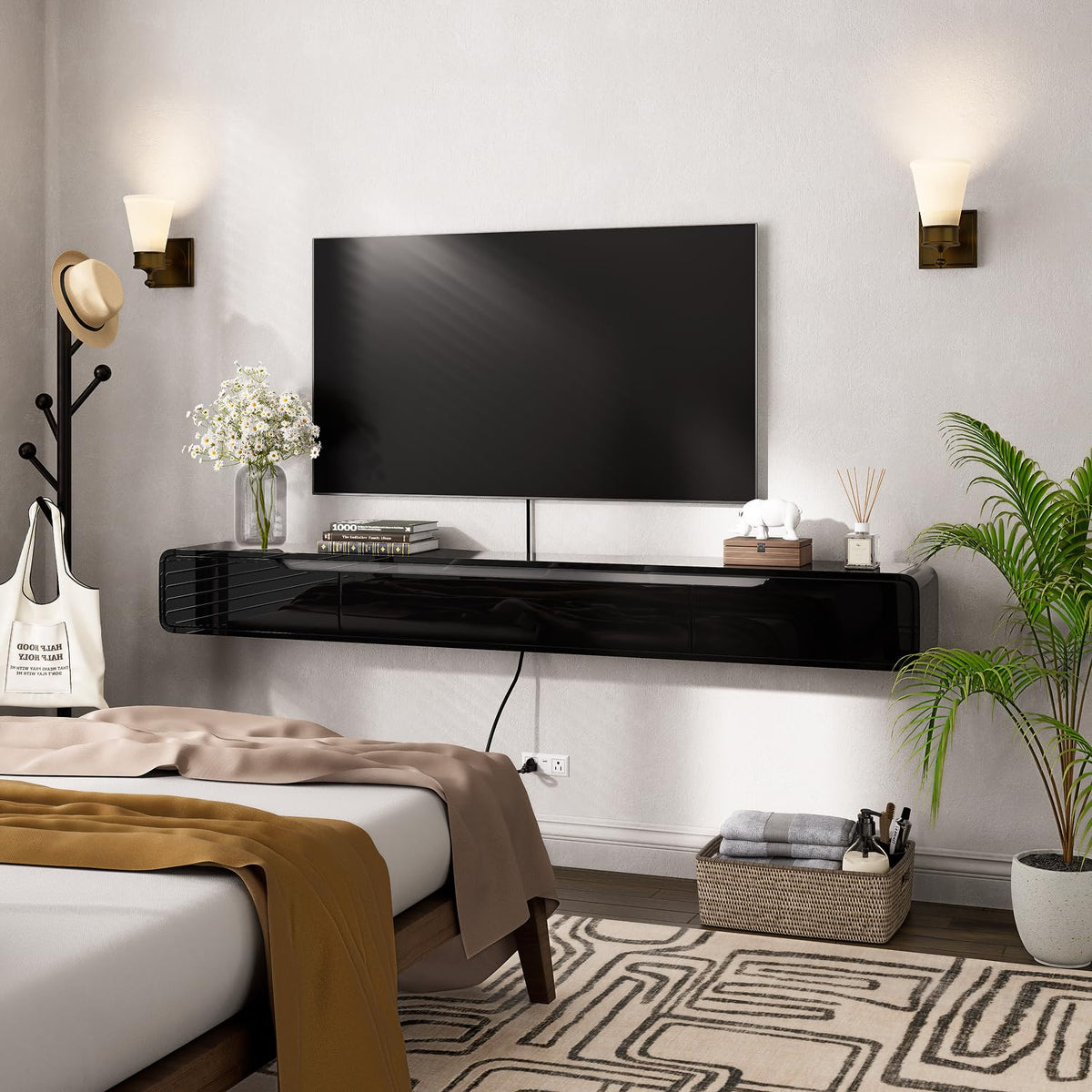 FurniNova 55'' Floating TV Stand with Drawers, Wall Mounted TV Console, High-Gloss Floating Entertainment Center Under TV Shelf for Living Room Bedroom,Fully Assembled,Black